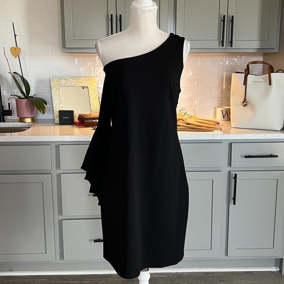 Vince Camuto Dresses & Skirts - Vince Camuto One Shoulder Little Black Dress Flare Sleeve Size Small NWT